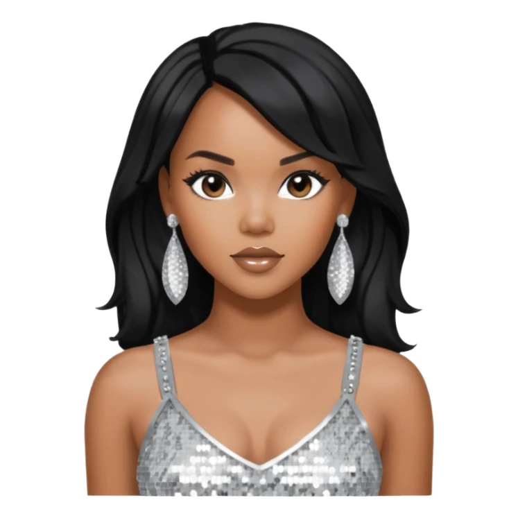 LeToya Luckett with black long hair, silver sequin crop top, silver earring sticker