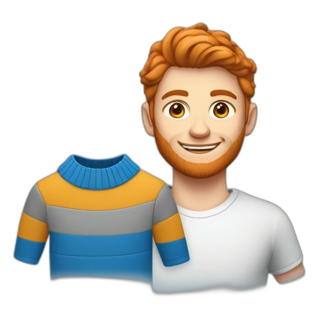 Un jeune homme roux habillée avec un pull bleu et un col blanc sticker