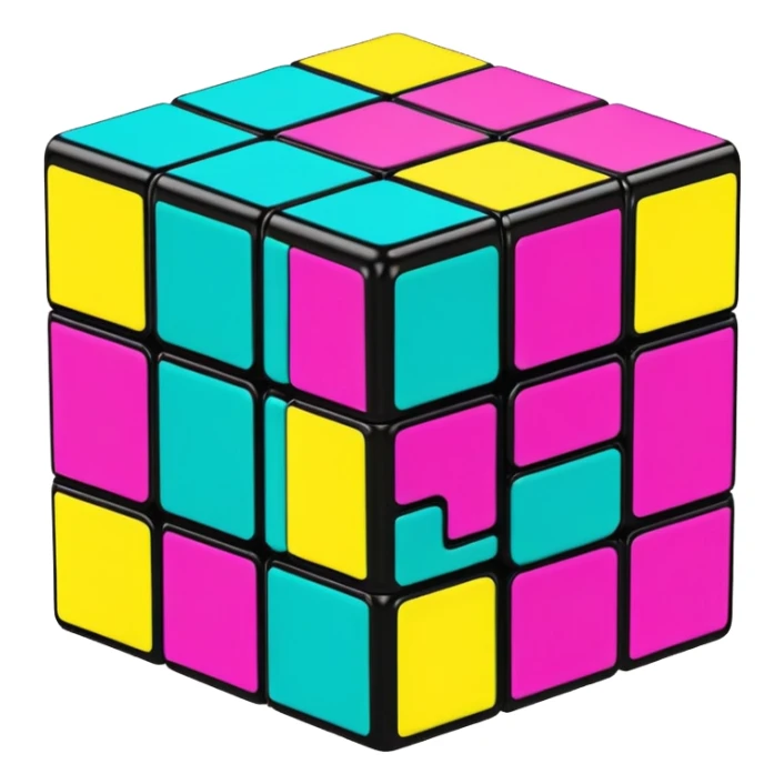 A 3x3 Rubik's Cube with 90s American graffiti-inspired colors, black edges, viewed from an angle, neon yellow, teal, and magenta sticker