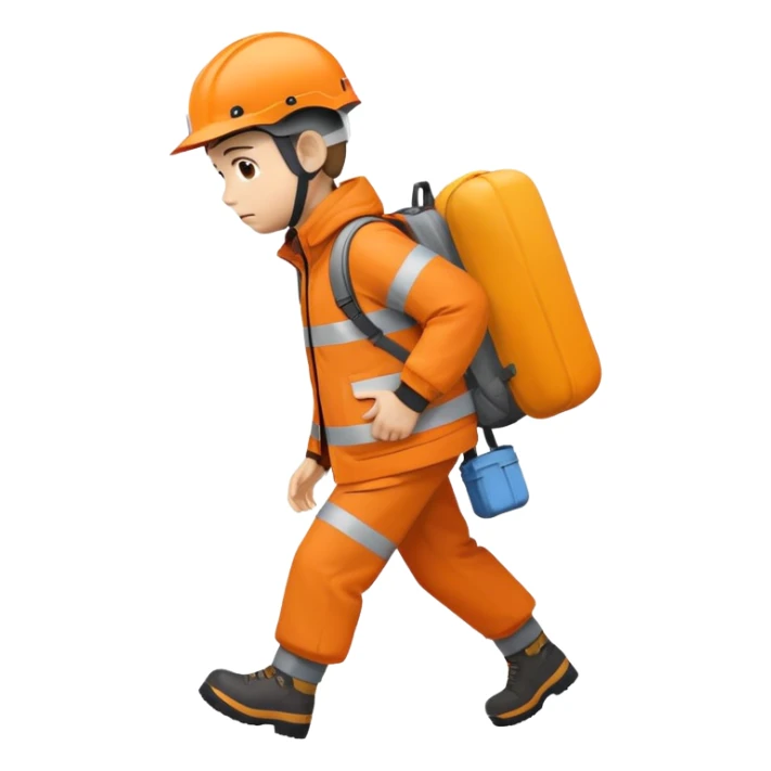 Orange jacket and helmet moving while carrying stuff on his back struggling sticker