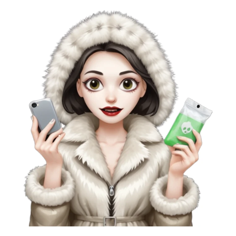 she is wearing a fur coat and has a transparent tiny, small  plastic bag full of white powder, and her phone in the other hand, she has lost so much weight, she looks evil , she has an evil grin sticker