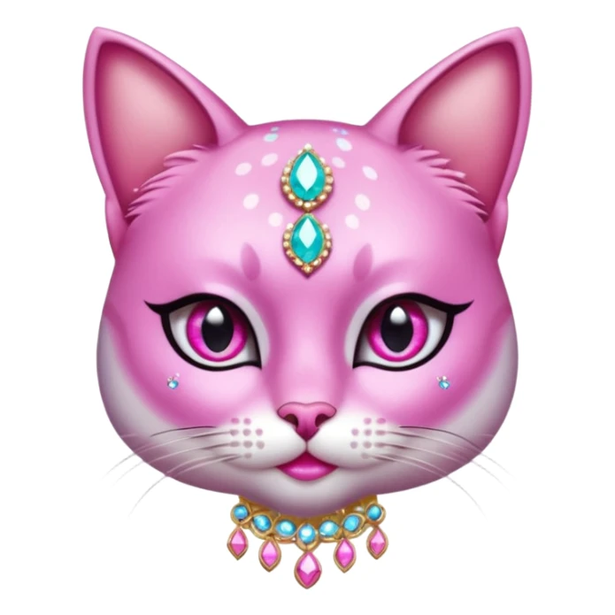 glamorous cat portrait, head and shoulders only, exaggerated pink makeup, bright eyeshadow, long eyelashes, shiny blush cheeks, sparkling face gems, glitter accents, elegant earrings, fantasy beauty style, cute 3D cartoon, mobile game icon style, clean background, no text, no watermark
 sticker