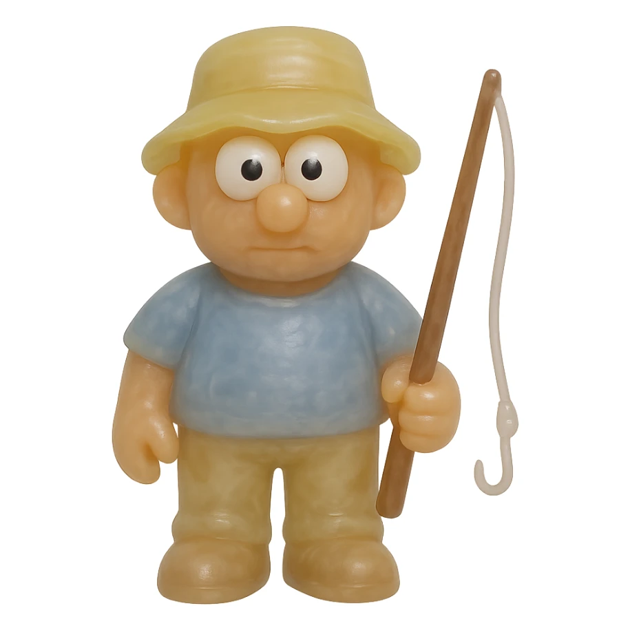 Make the fisherman smaller in frame so the entire character is fully visible from head to toe with no cropping at the top or bottom. Keep the wooden fishing pole, full-body, retro 90's toy style, very transparent and slightly see-through, natural tan skin, blue shirt, yellow hat, pants, derpy eyes with large white eyeballs and small black pupils looking in different directions, soft plastic texture, soft reflections, soft and squishy, some cloudiness, not shiny, highly detailed, appealing, no tag, no background. sticker