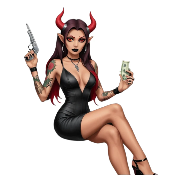 Lilith model red eye sexy black  devil horns.  long brown haired sexy succubus woman with leather long dress slit, sitting in limo. Wearing Black Platform high heels on feet. Tattoo sleeve arms, she has stacks of cash and a man dead human skull is on top of stack of cash and a gun in  hand sticker