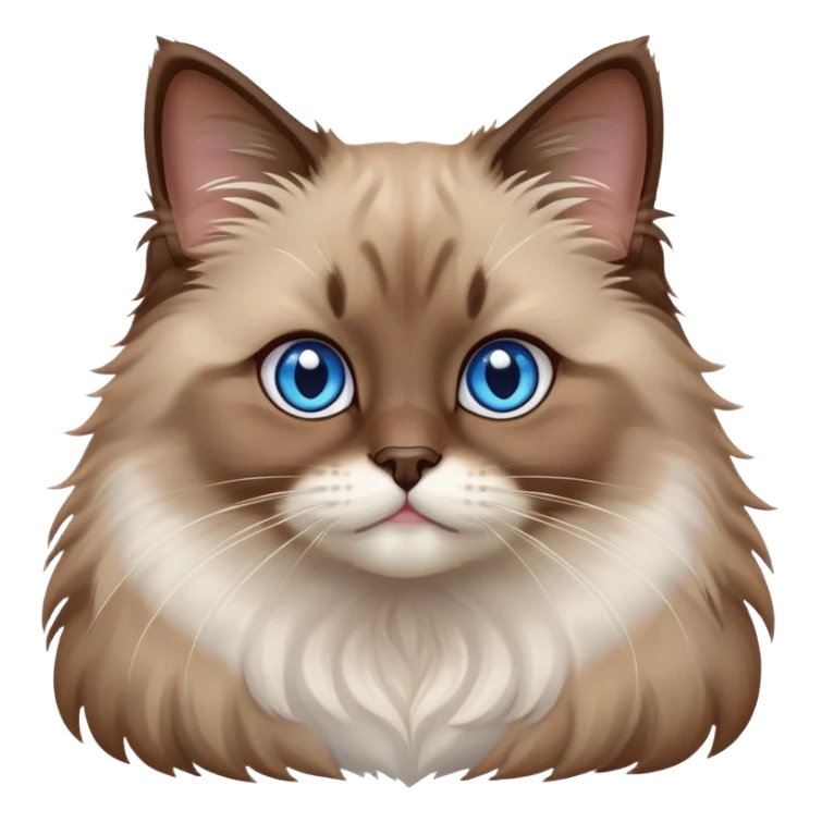 cinematic-adorable-fluffy-brown-ragdoll-cat-portrait-emoji,-head-tilted-cutely-with-big,-sparkling-blue-eyes,-soft-brown-and white-colored-fur-with-darker-points-on-the-ears,-face,-and-paws,-simplified-yet-irresistibly-adorable-features, sticker