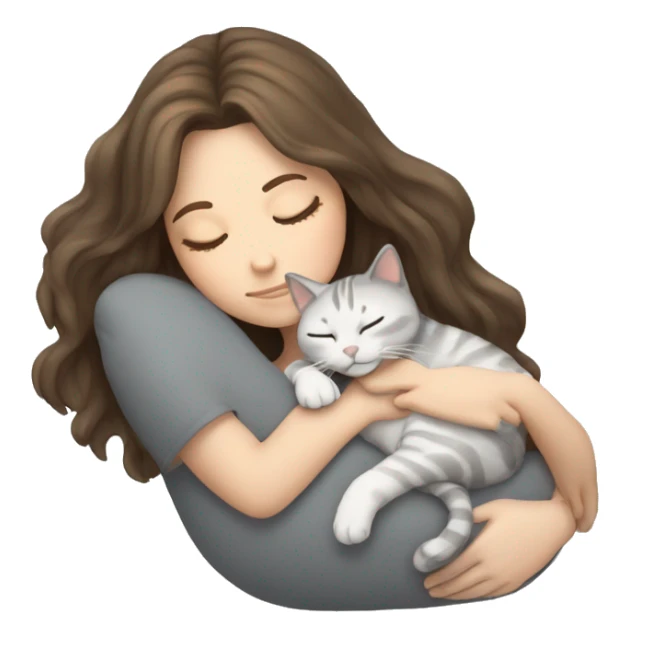White girl brown hair sleeping with gray cat sticker