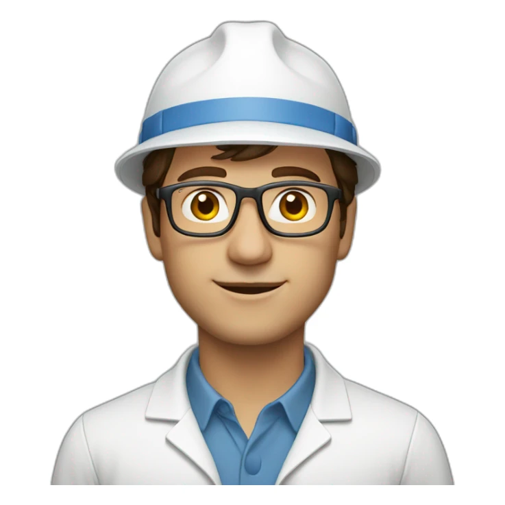 man brown hair glasses, engineer white hat sticker