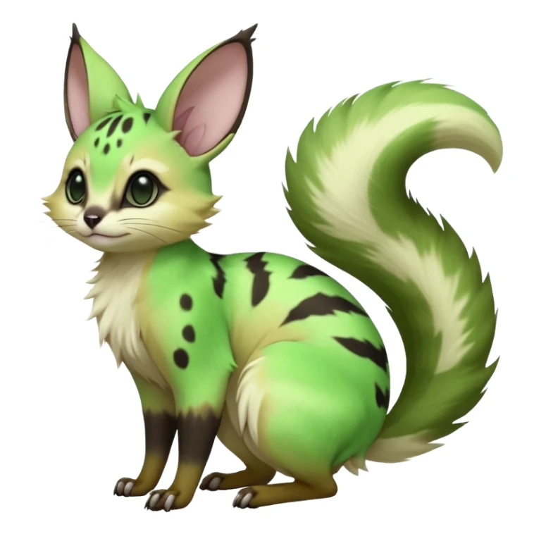  hyper-realistic neon-green-gradients black-pointed natural realistic divine beautiful elegant pretty precious cute young youthful  Fakémon-Pokémon-alien-opossum-squirrel-feline-serval-caracal-chinchilla-Minccino-Cinccino-Meowstic-rodent-hybrid-creature with a big fluffy bushy tail (full body) sticker