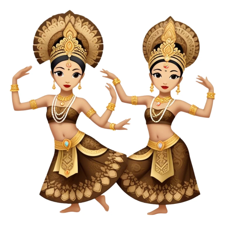 ​Cinematic Realistic Traditional Javanese Dancers, depicted as two graceful dancers in ornate traditional costumes with intricate batik patterns and elaborate headpieces, captured in dynamic poses during a ritual dance in an ancient temple courtyard, rendered with soft golden lighting and rich cultural textures, sticker