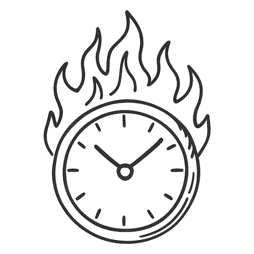 minimal hand-drawn outlined icon of a burning round clock with vivid flames, no fill sticker