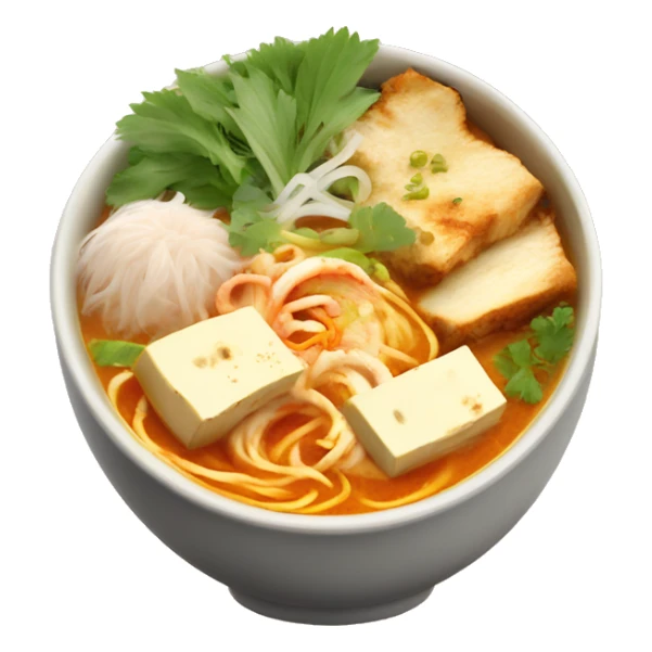 A bowl of laksa soup with tofu , chicken   sticker