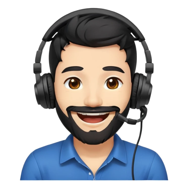 anime style laughing man with black hair, brown eyes, black beard wearing gaming headset sticker