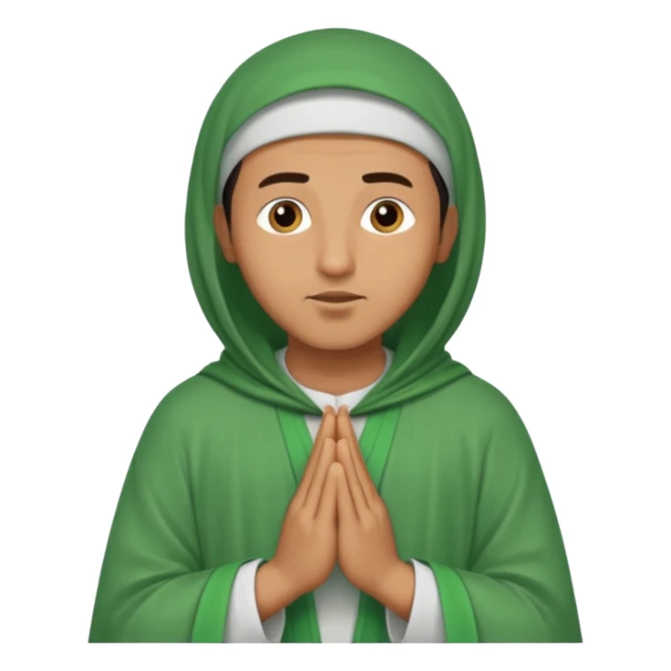 an Algerian man praying, dressed in green with a djellaba sticker
