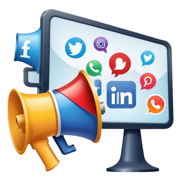 An icon featuring a megaphone, a billboard, and social media icons, symbolizing advertising and public relations. The design includes a press release and a rising graph, representing brand promotion and communication strategies. Transparent background highlights media influence and outreach. sticker