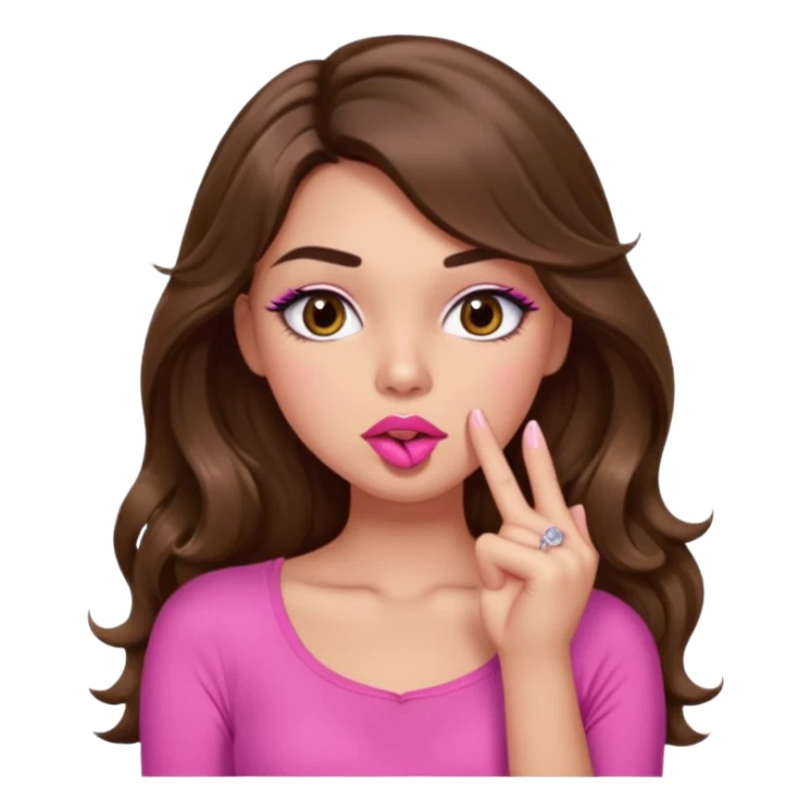 girl with long wavy brown hair, brown eyes, light to medium complexion, in a pink sexy top, pink puckered lips, long lashes, shushing sticker