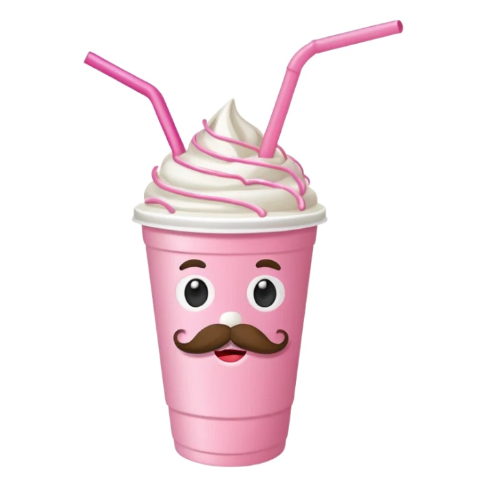 strawberry milkshake in a take-out cup with mustache sticker