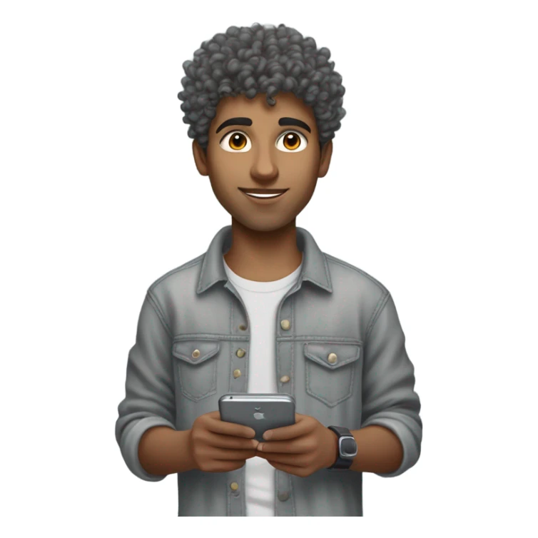 Pakistani boy wearing a grey oversized tee with grey jeans and timbs holding an iphone 16 texting high top fade curly hair sticker