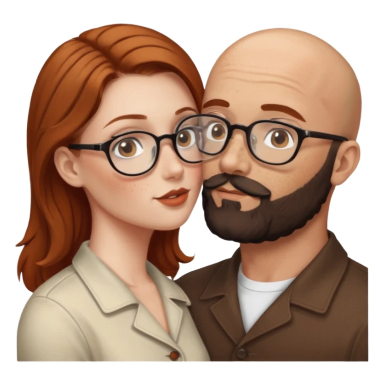 Couple. Bald man with dark brown-black beard. White woman with many small, faded freckles, she has white skin and she has auburn-brown-cinnamon, dark long hair. She has light brown eyes. The man have hazel eyes and glasses. Retro style. She kisses him. sticker
