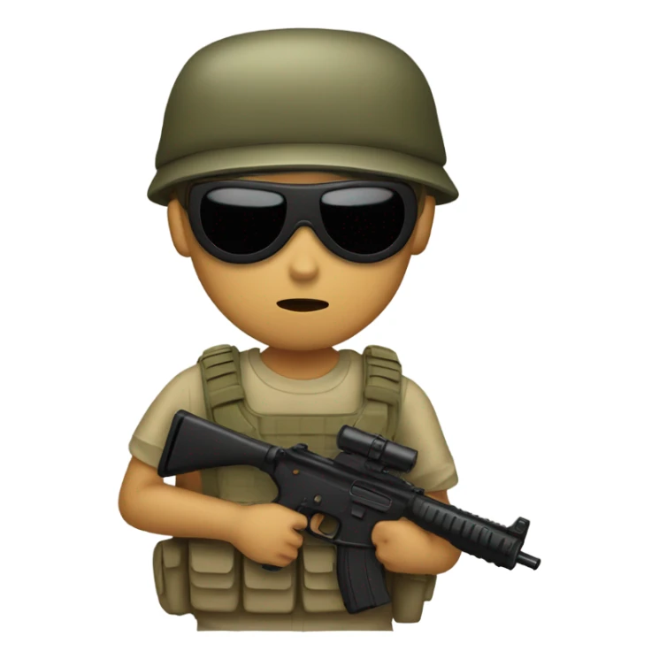 a tan boy wearing a army suit holding a gun with a black mask sticker