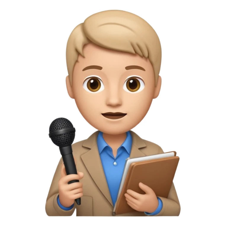 Apple Memoji-style 3D emoji of a journalist holding a microphone and notepad, smooth gradients, rounded shapes, no background. sticker