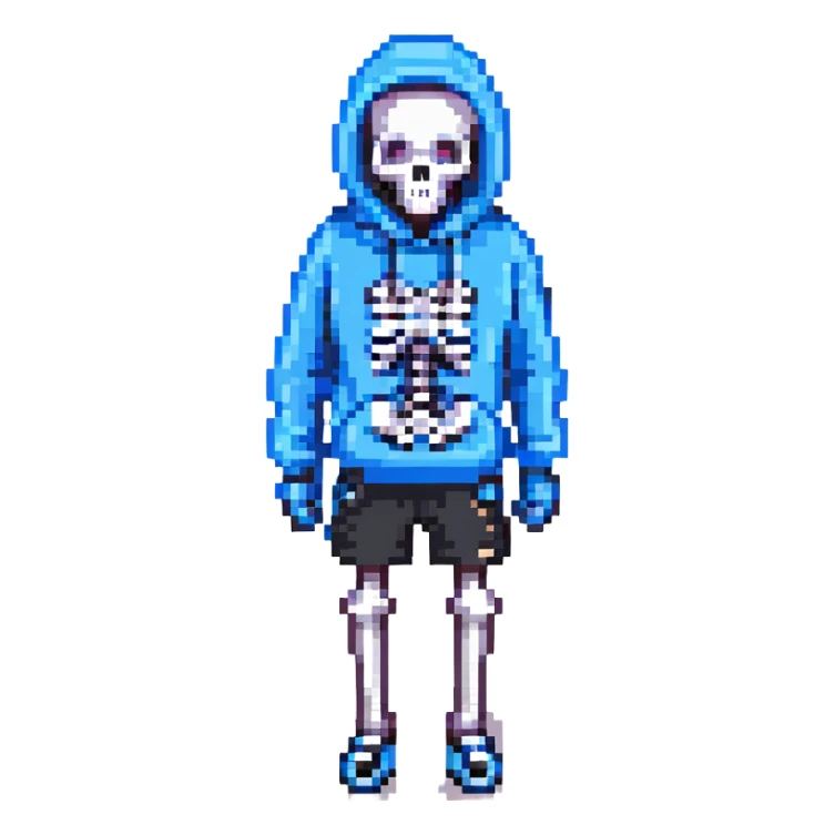Sans from Undertale, pixel art style, blue hoodie, black shorts, white skeleton sticker