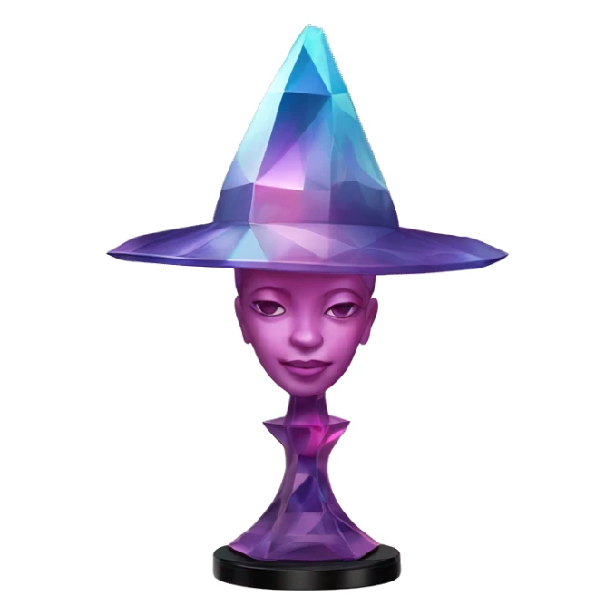 Glass sculpture Mage hat with a geometric, faceted design. The hat is standing upright on a base with angular and baroque features. The vibrant midtone tints of pastels and pink highlights the sharp edges and planes.  sticker
