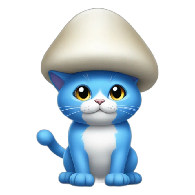 Blue cat standing on its paws wearing a white mushroom hat sticker