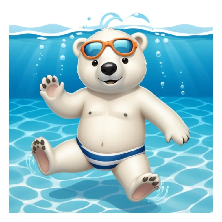 friendly anthropomorphised polar bear swimming in a wide pool scene, wearing striped swim trunks and snorkel gear sticker