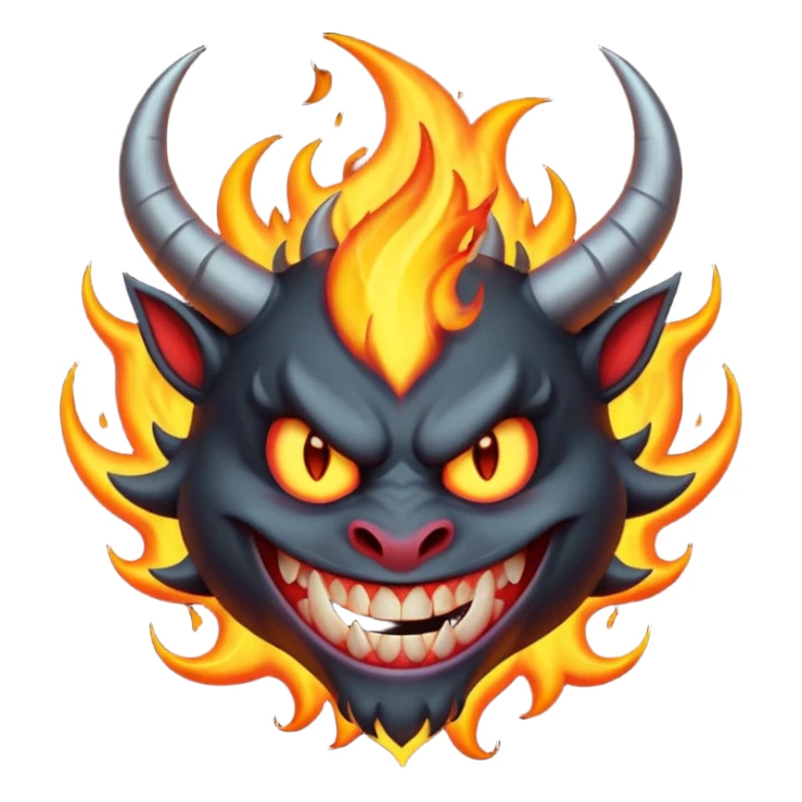 Create a dark-themed emoji of a demonic face with sharp, curved horns, glowing white eyes, an evil grin with large pointed fangs, and abstract flame-like patterns around the face. The background should be pure black. sticker