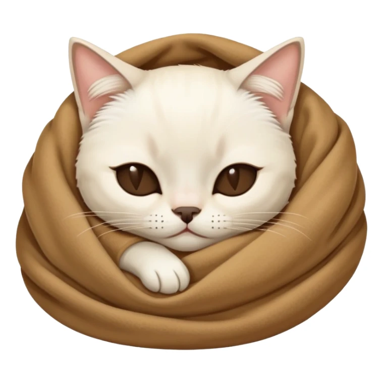 A white Siamese cat sleeps in a brown blanket sticker