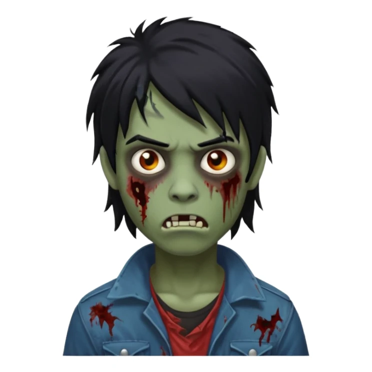 Boy, zombie, black hair, medium long, mullet, emo, shaggy, dark, spooky, black background, creepy expression emoji  sticker