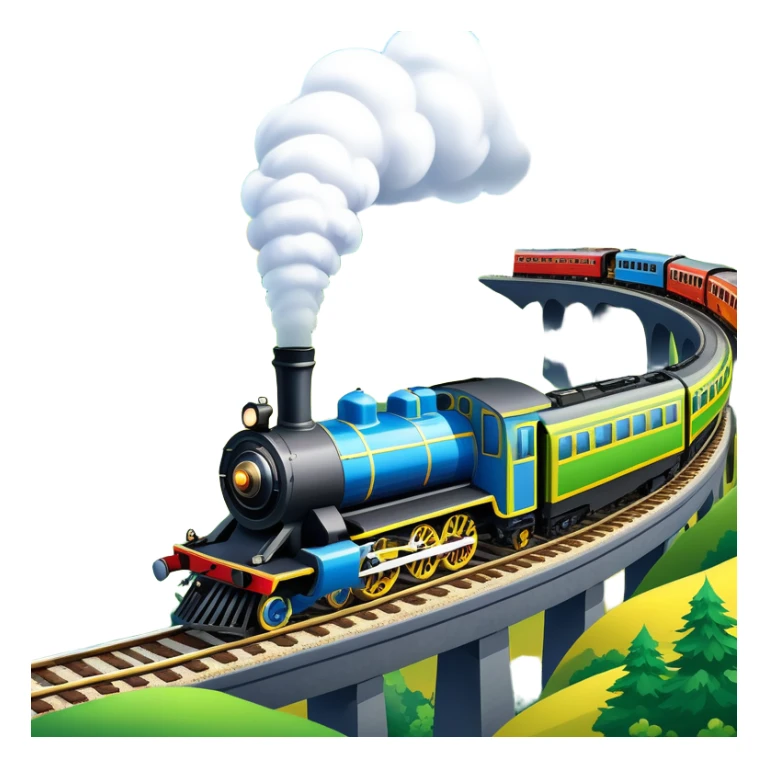 An icon showing a vibrant PC game train simulator scene with a steam locomotive traveling through a colorful countryside. The design features lush landscapes, winding tracks, and detailed railway elements, symbolizing the strategy and creativity of simulation games. Transparent background sticker