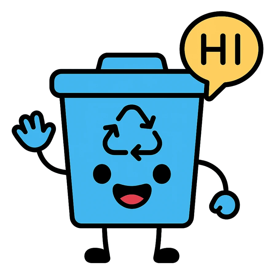 blue recycling bin with a big smile, saying 'hi' in a speech bubble sticker