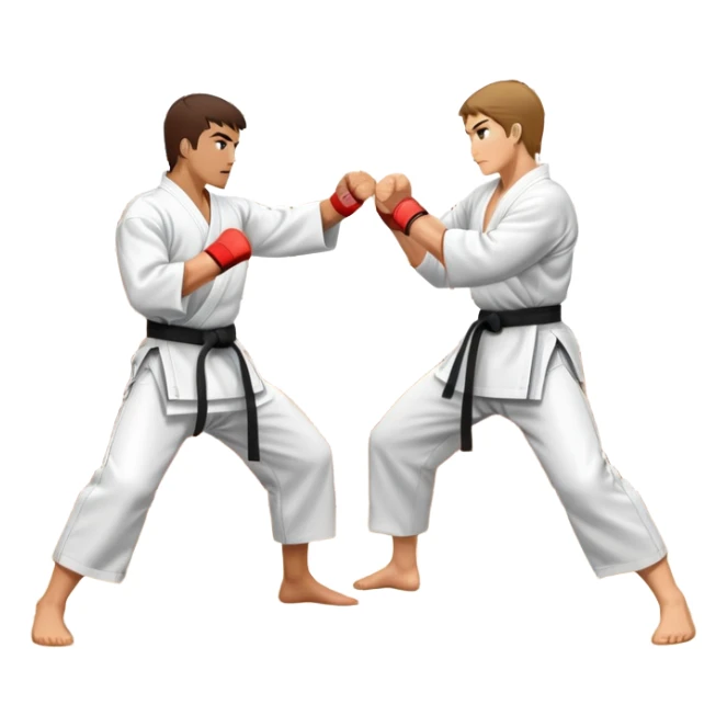 An icon representing traditional Karate, featuring two opponents in a martial arts dojo. One is performing a powerful punch, while the other defends with a block. The background showcases a classic dojo setting with wooden floors and sliding doors. Transparent background sticker