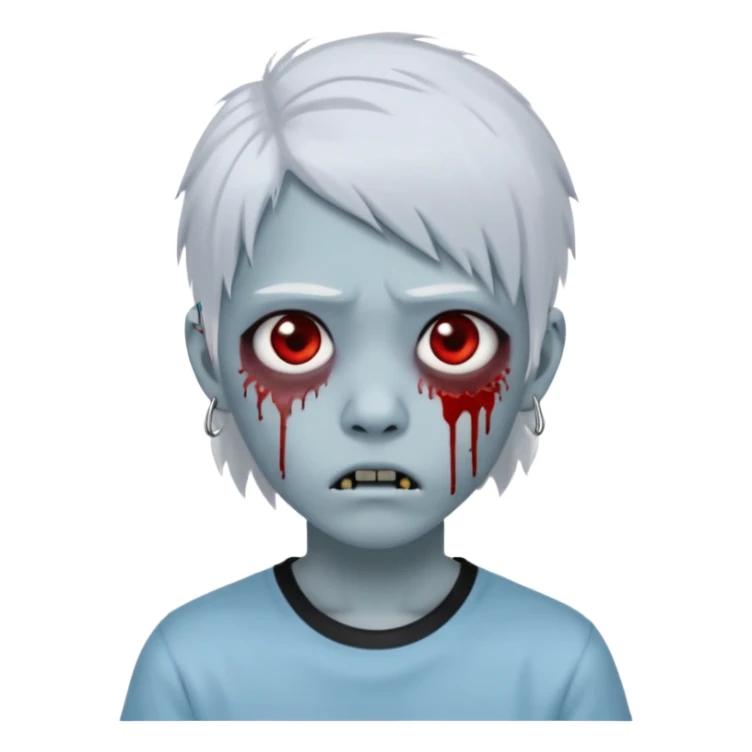 Create a 3D emoji-style avatar with very pale blue-grey zombie skin like the reference image, a young Asian face, and large eyes with blood tears. Give it white mullet-style hair, silver hoop earrings, and a simple black T-shirt. The expression should be neutral or slightly angry sticker