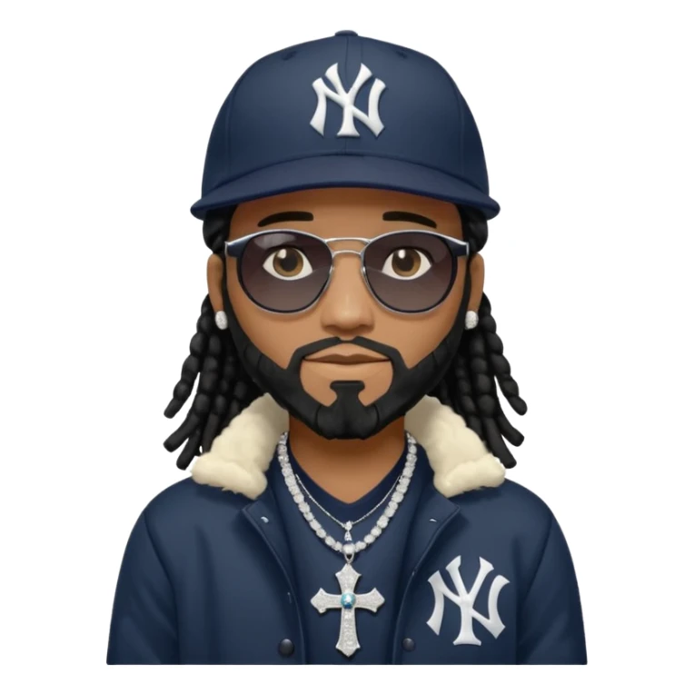 African American man with shoulder length black dreadlocks with black beard wearing black sunglasses wearing a New York Yankees logo baseball cap wearing a black bubble winter coat with diamond cross necklace on his neck sticker