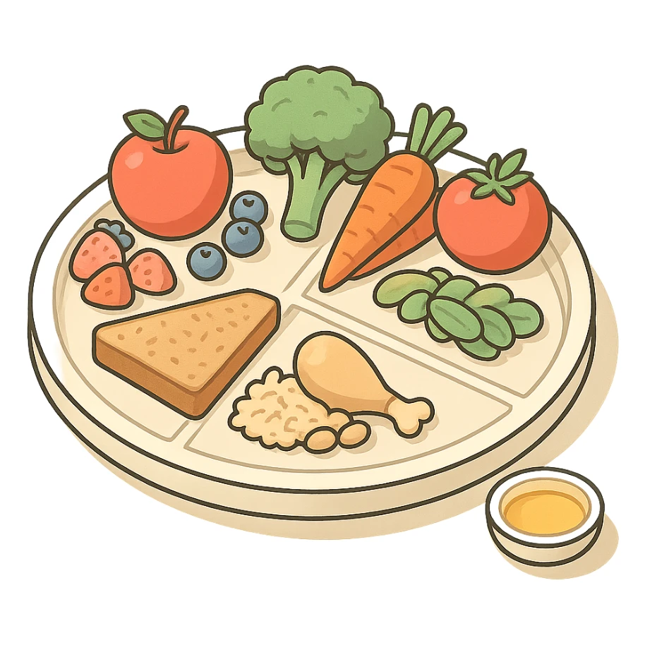 Harvard plate in isometric view, vegetables and fruits occupy half the plate, whole grains and proteins each occupy a quarter, small circle for oils on the side, very detailed drawing, shadows and highlights, clean contours, soft lighting, transparent background. sticker