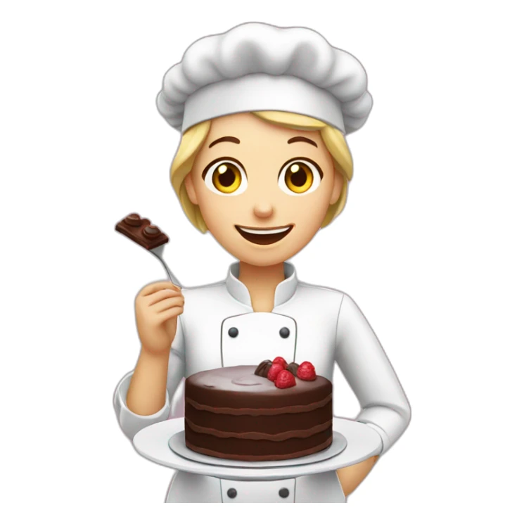 A white pastry cook eating a chocolate cake sticker