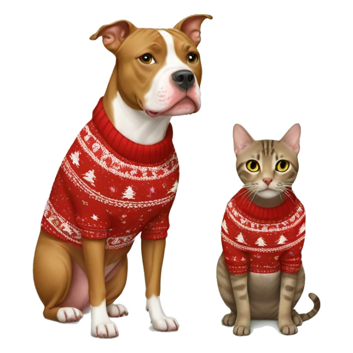 Tan pitbull and brown tabby cat in Christmas sweaters sticker
