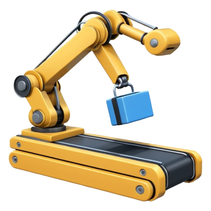 robot arm which is picking blue block on conveyor belt sticker