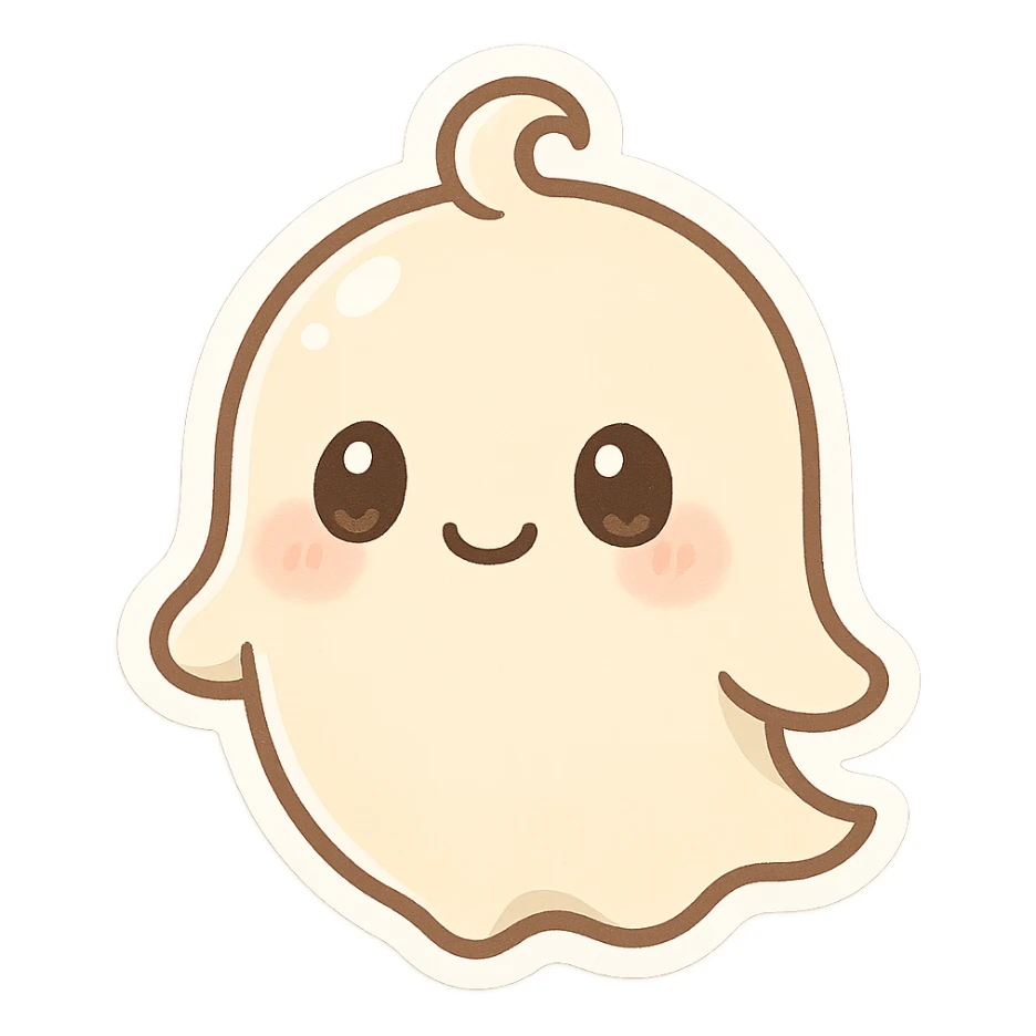 chibi ghost sticker with small swirl on head, soft shadows, glossy highlights, sweet smiling expression sticker