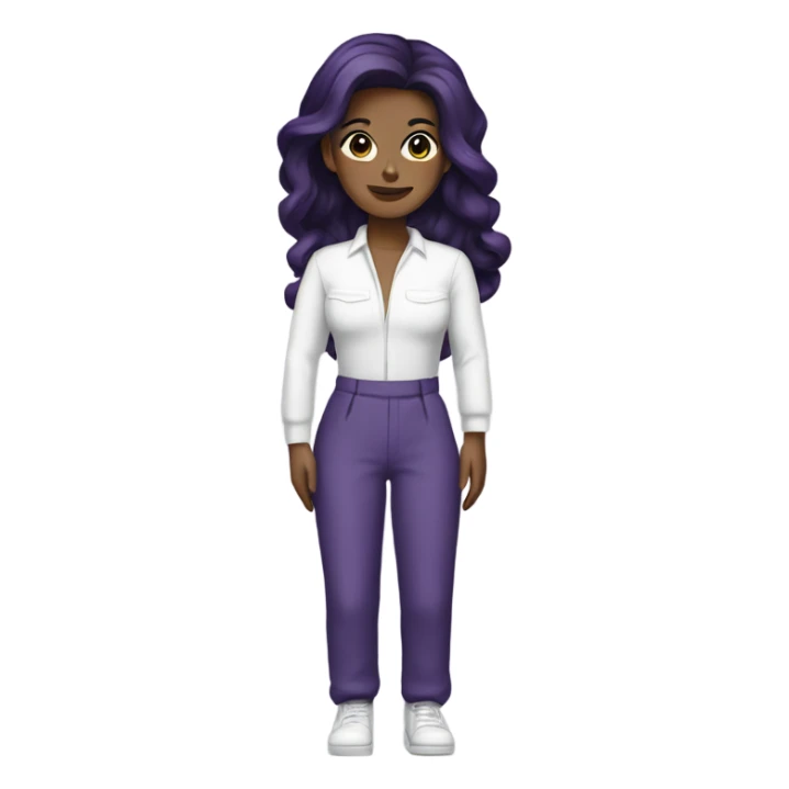 Woman with dark purple hair and white jumpsuit sticker