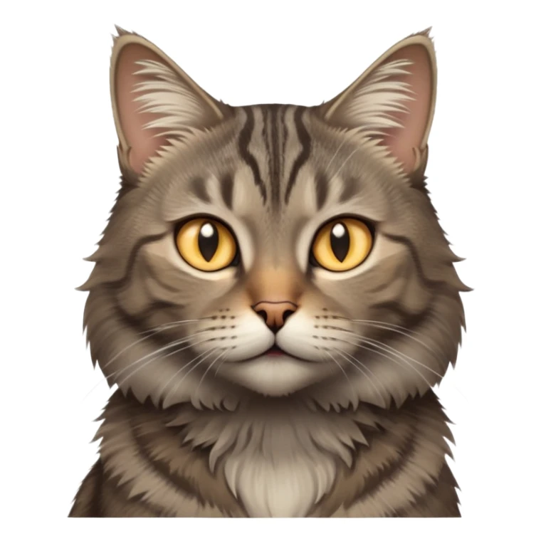 cinematic-[grey brown tabby cat]-realistic-emoji,-head-tilted-dramatically,-scruffy-[grey]-fur,-simplified-yet-realistic-focused-features,-highly-detailed,-glowing-with-an-almost-sarcastic-glow sticker