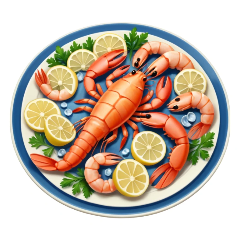 seafood on a porcelain platter with lemon  sticker