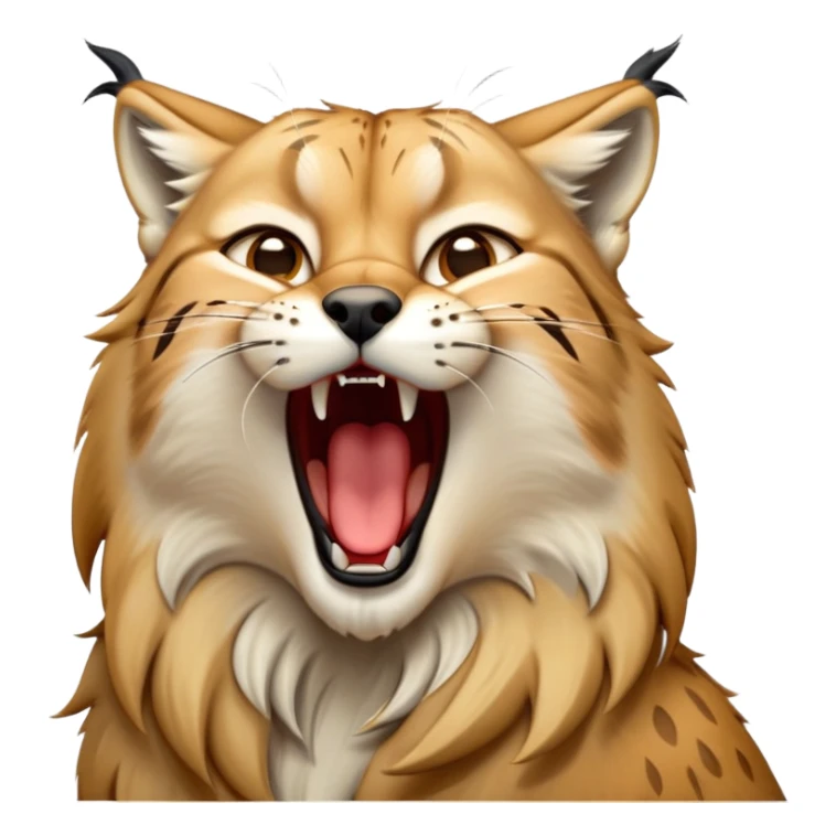 Cinematic-detailed-Yawning-Lynx-Portrait-Emoji – Head tilted slightly with a dramatic, wide-open yawn, revealing a sleek golden-brown fur coat with subtle spots, signature black ear tufts standing tall, round amber eyes barely open in drowsy contentment zoomed out to show the shoulders sticker