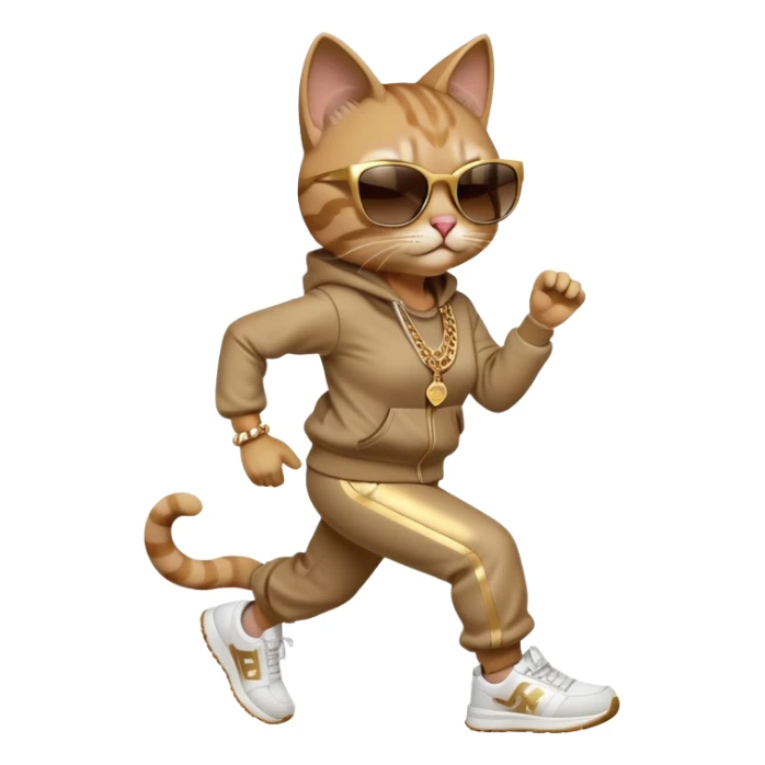 friendly anthropomorphised female cat in hip-hop Run DMC clothing, dark sunglasses, gold chains, jogging upright sticker