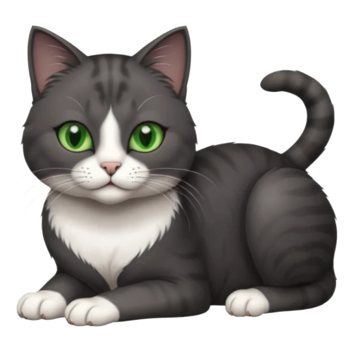 beautiful female solid dark grey cat with green eyes, white toes/paws and white patch on her chest rolling over sticker