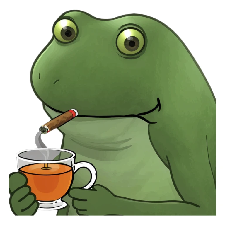 mob boss Italian frog smoking a cigar, with a stern expression, taking tea sticker