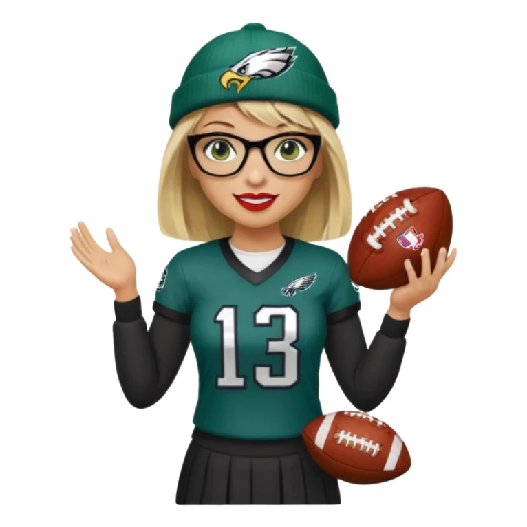 full length women wearing eagles uniform, long blonde hair, styled bangs, green eyes, black glasses, holding football, number 33, smiling, lipstick, eagles beanie sticker