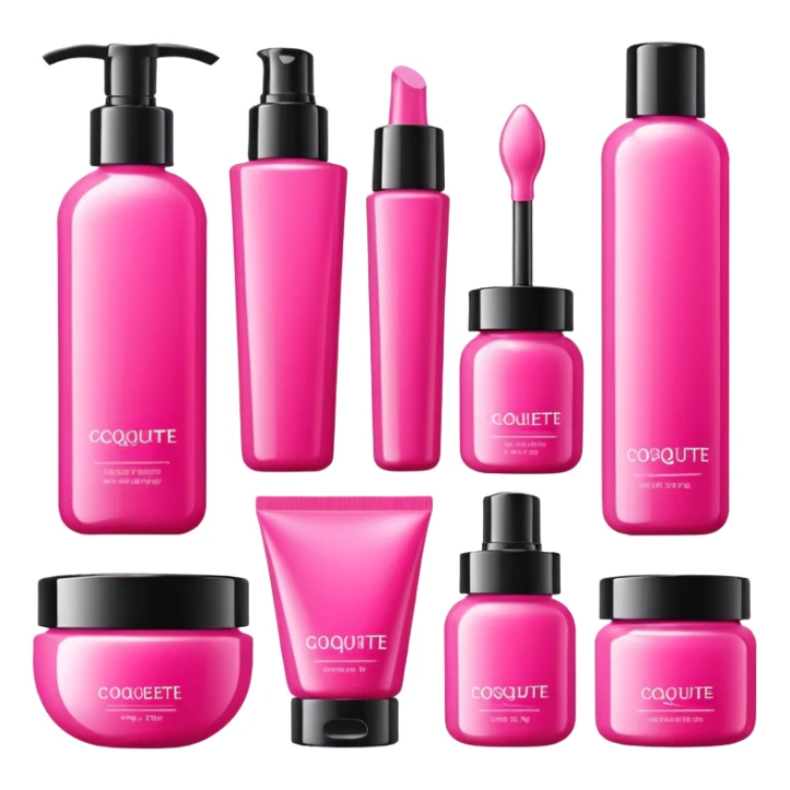 a collection of bright pink skincare and coqquette sticker